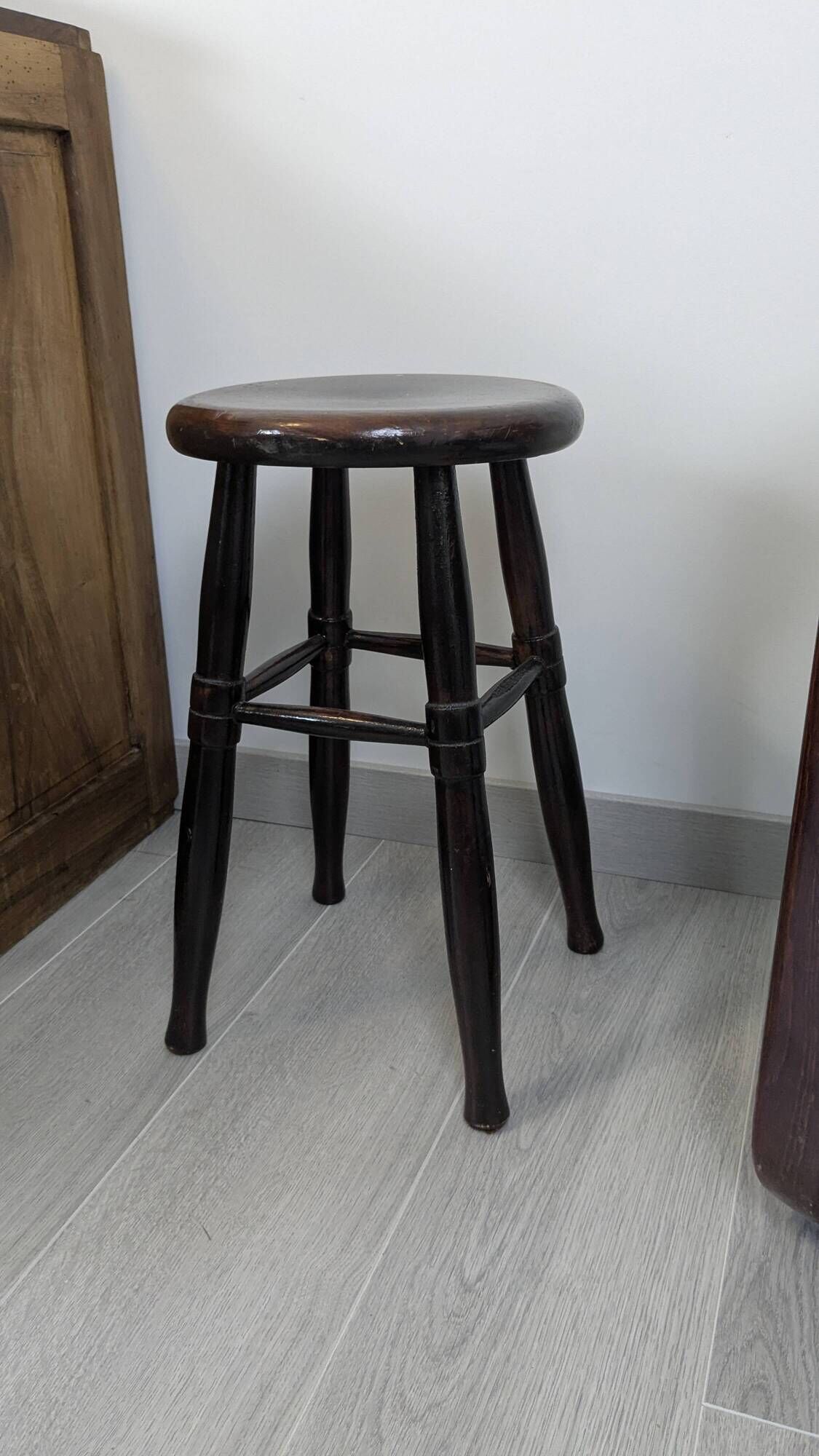 Old turned wooden bistro stool – dark brown patina