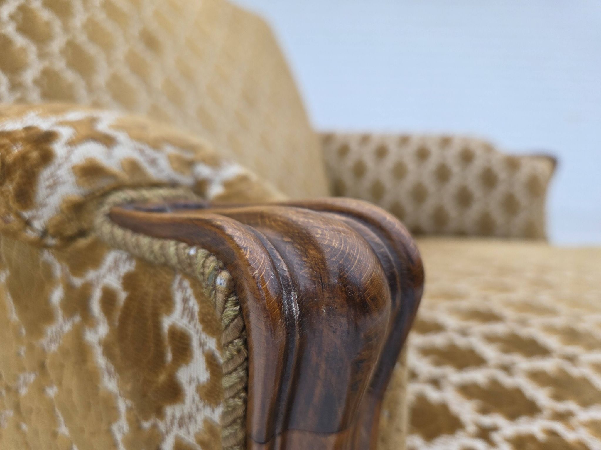1950s, Danish relax chair, furniture velour, carved ash wood.