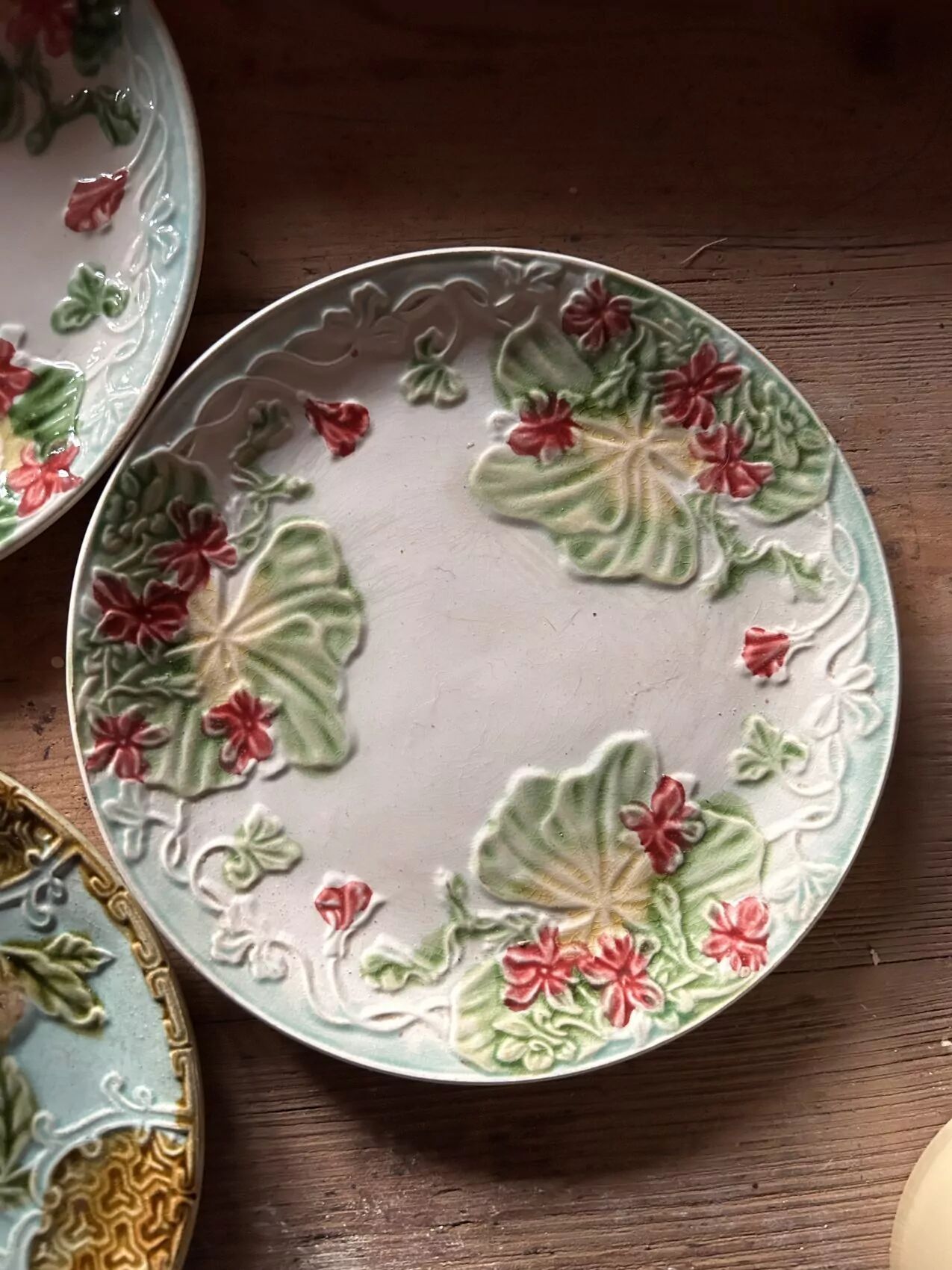 Antique faience barbotine plates – Mismatched set – circa 1900