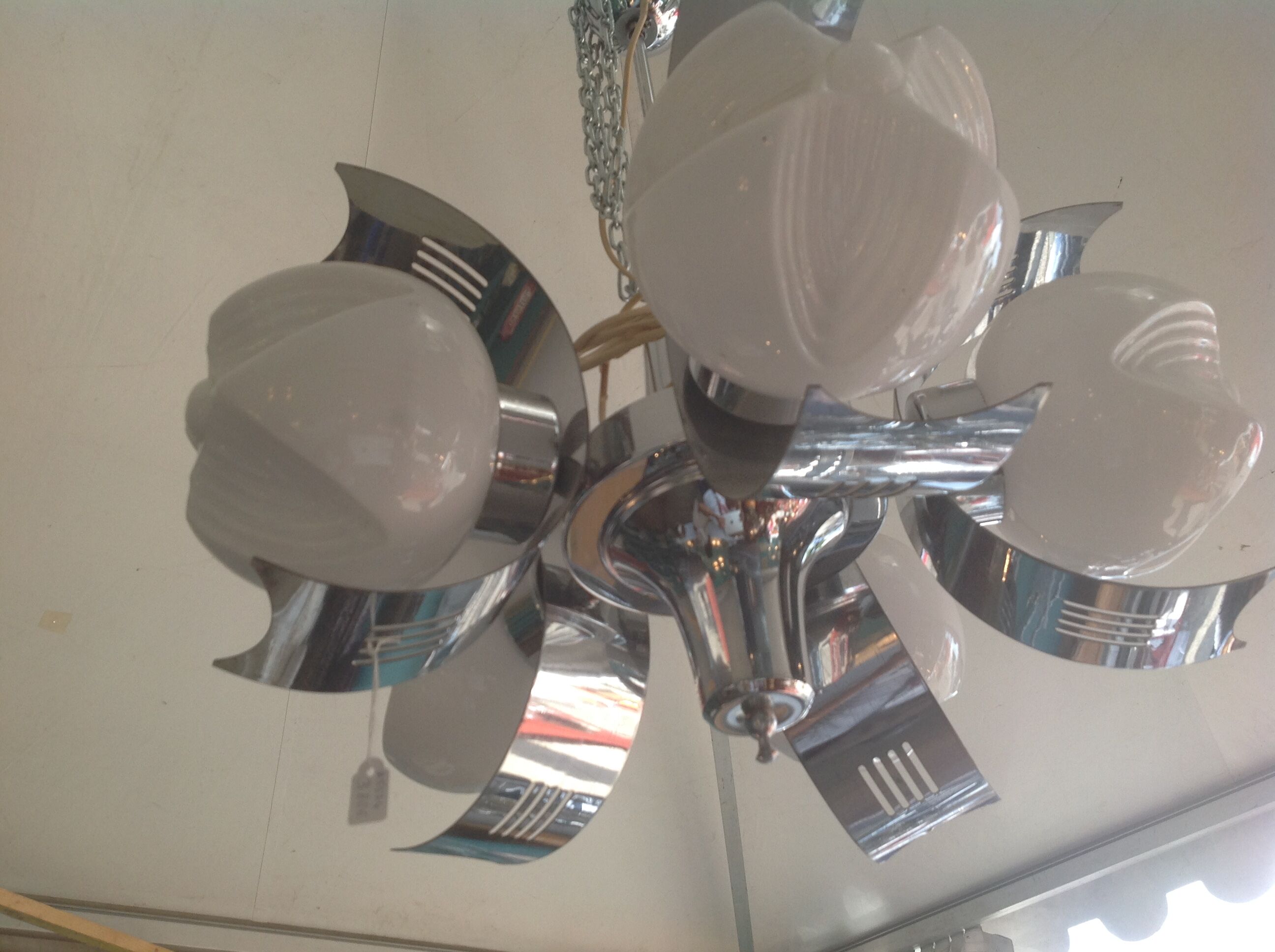 Vintage chandelier in opaline and stainless steel, 70s.