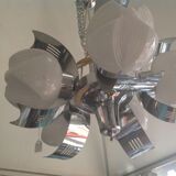 Vintage chandelier in opaline and stainless steel, 70s.