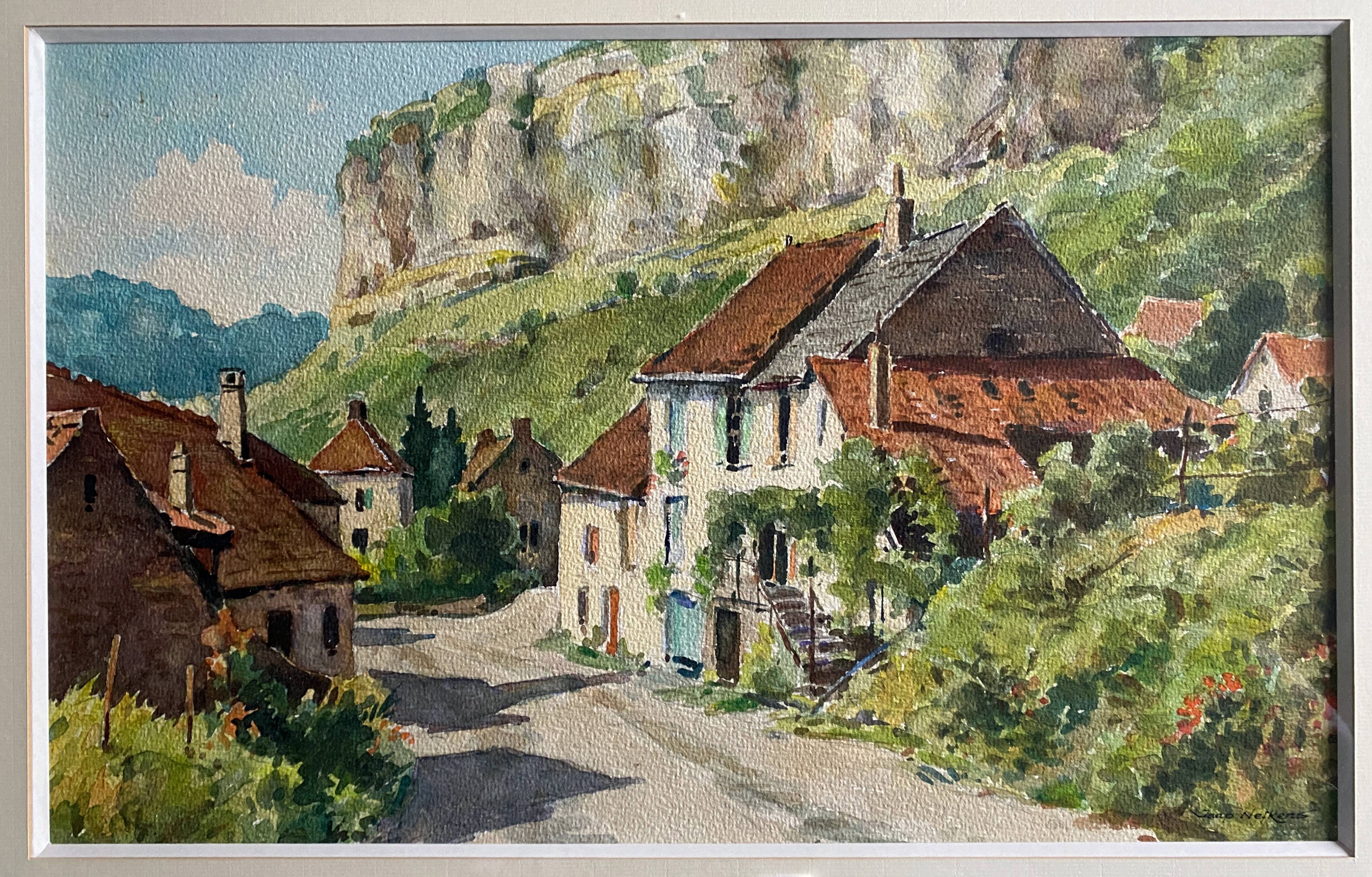 Watercolor Painting Jeep Nefkens (1926/1999) Watercolor Village on the edge of the cliff