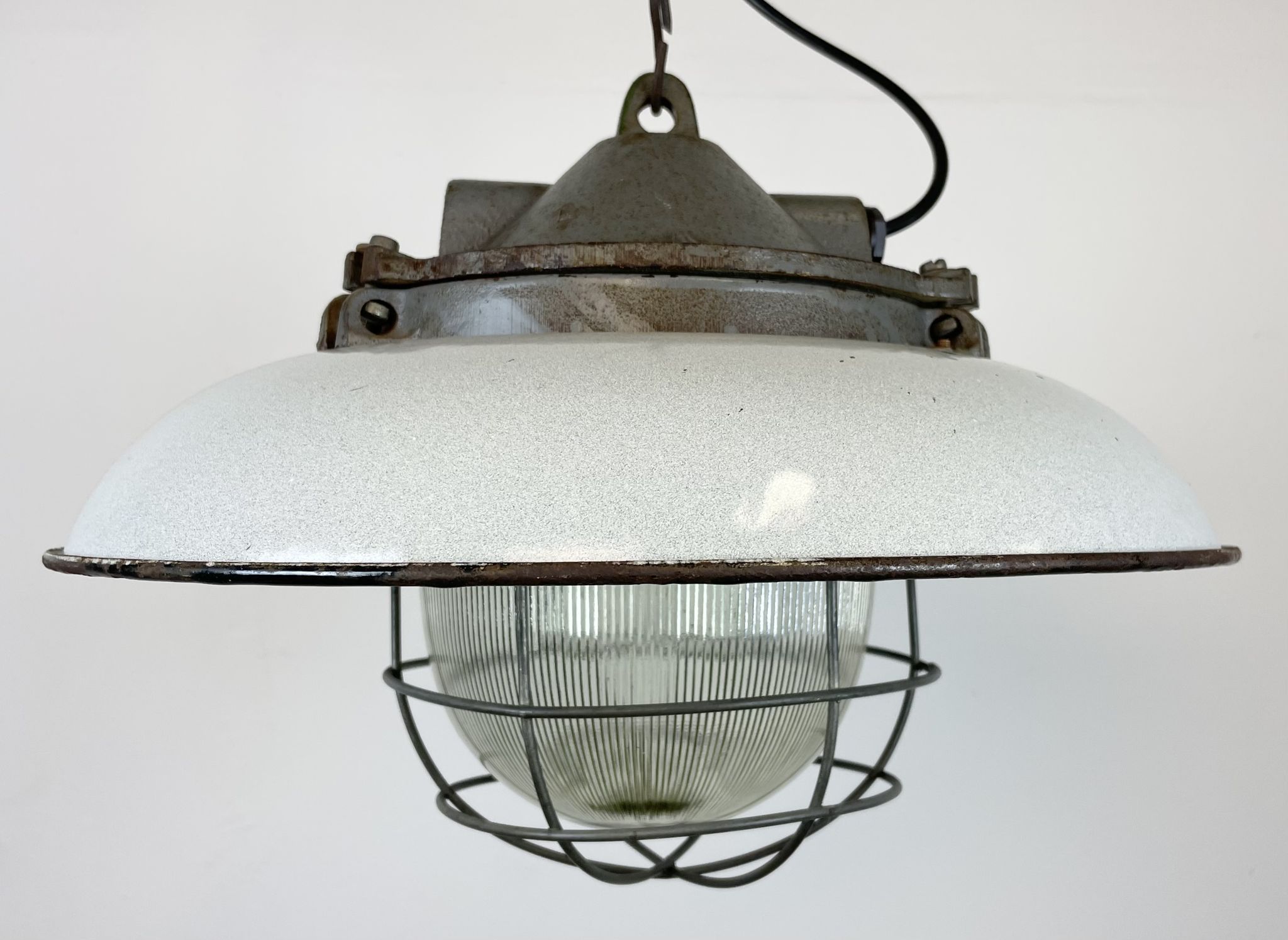 Industrial Grey Enamel Factory Cage Pendant Lamp in Cast Iron from Zaos, 1960s
