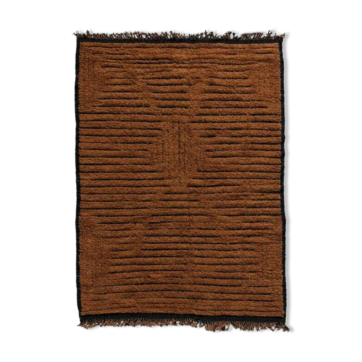 Moroccan Berber Mrirt rug in tobacco brown wool, black weave – 210 × 300.