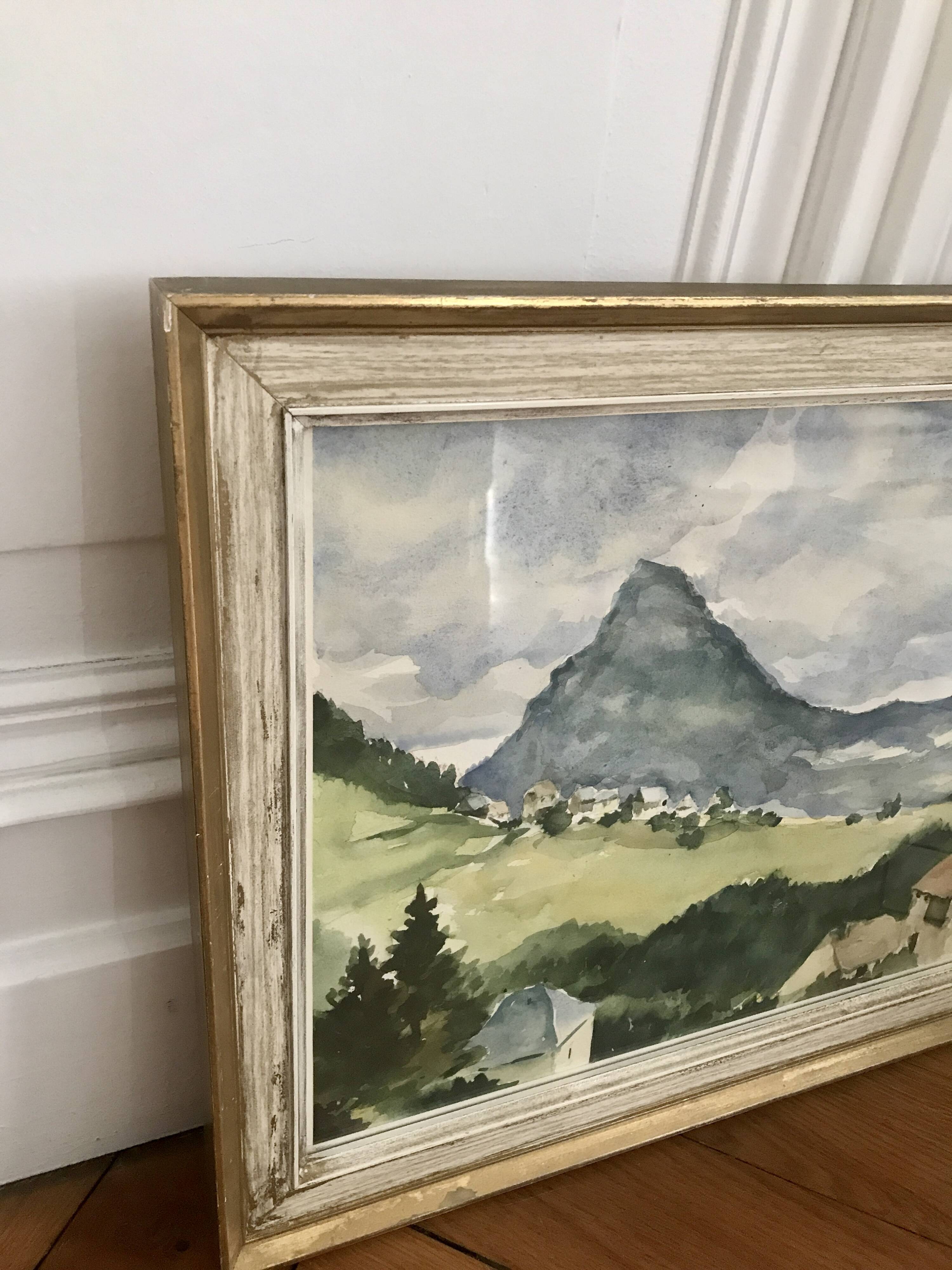 Watercolor framed under glass countryside landscape