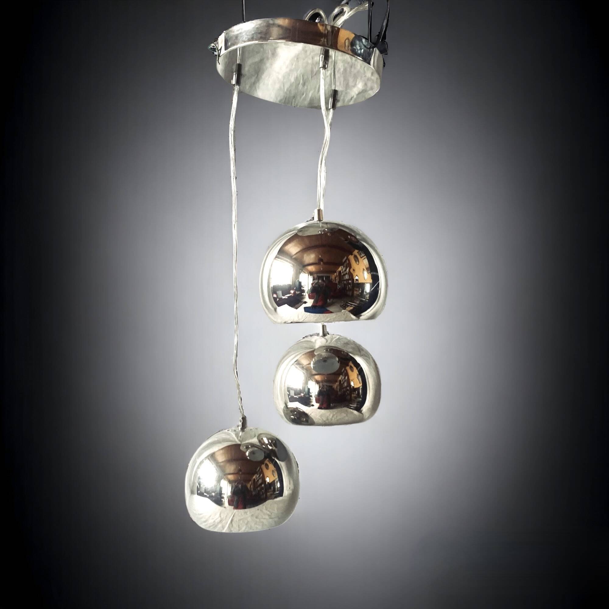 Space Age waterfall pendant light with 3 globes in chrome metal