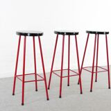 Midcentury set of 3 bar stools in red and black, 1960s-1970s