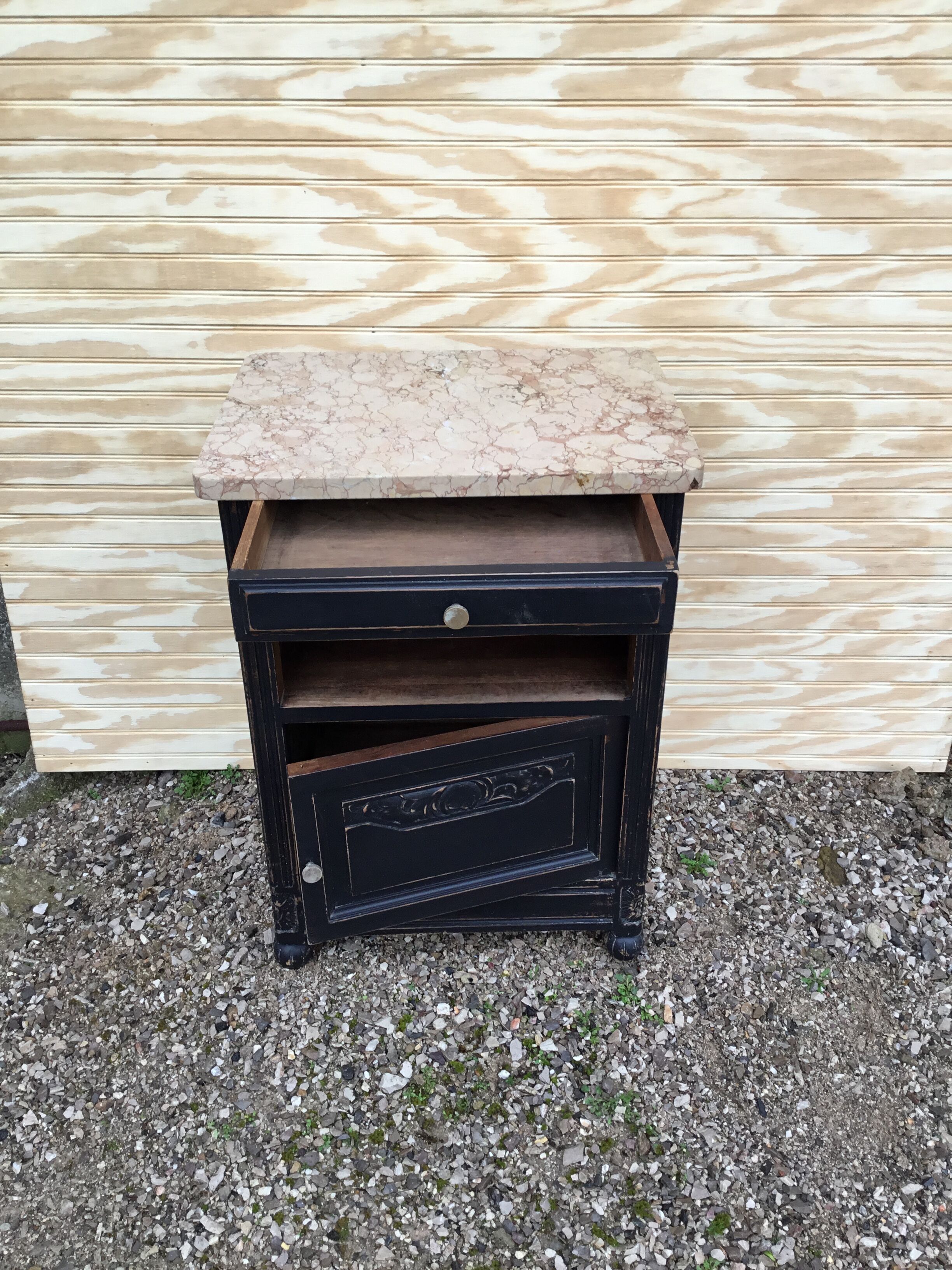 1940s walnut bedside on marble