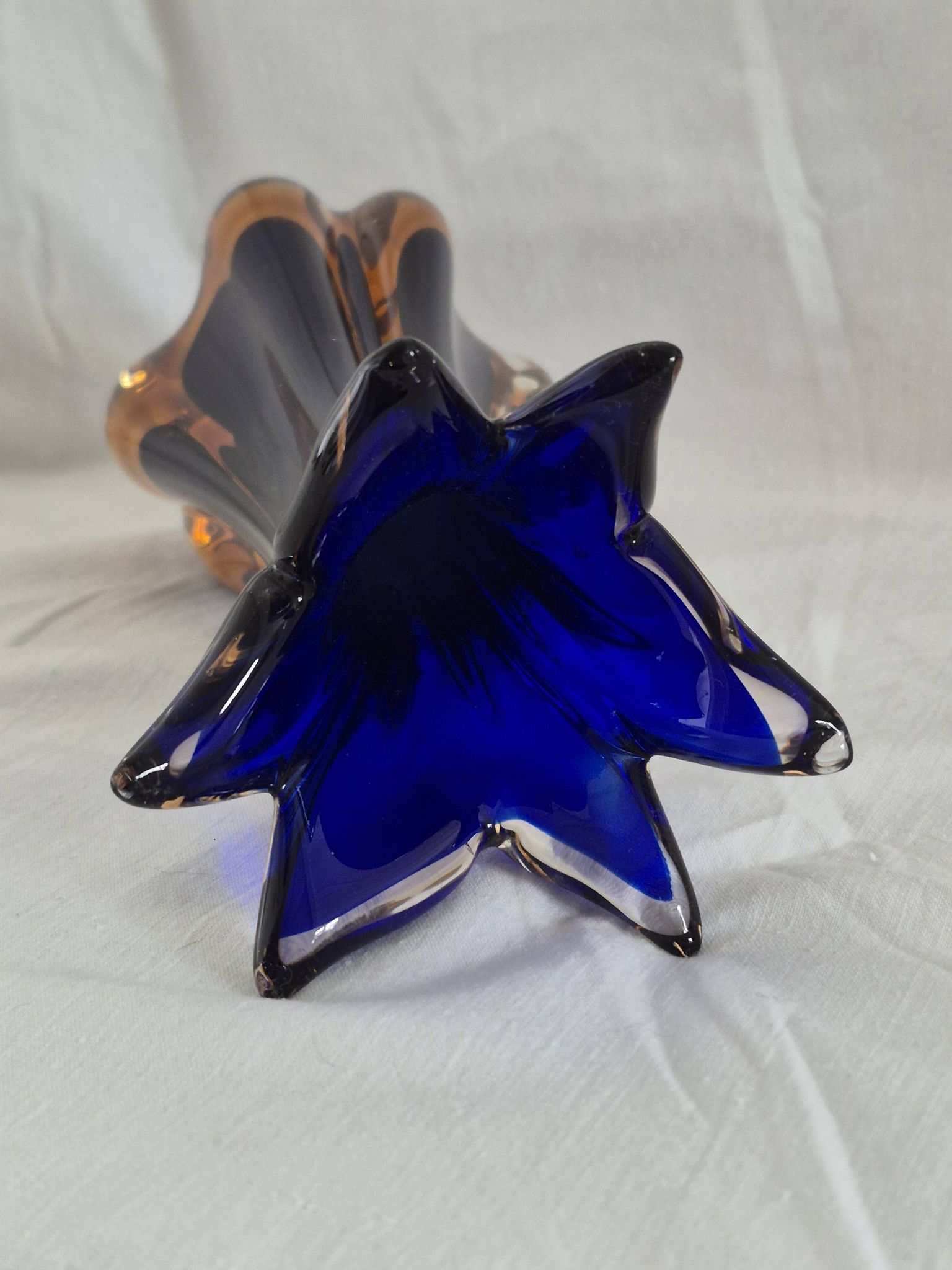 Vintage cobalt blue and amber blown glass vase in Murano style.