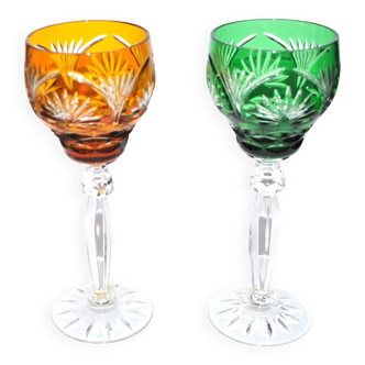Set of 2 Roemer wine glasses in colorful Bohemian crystal Overlay