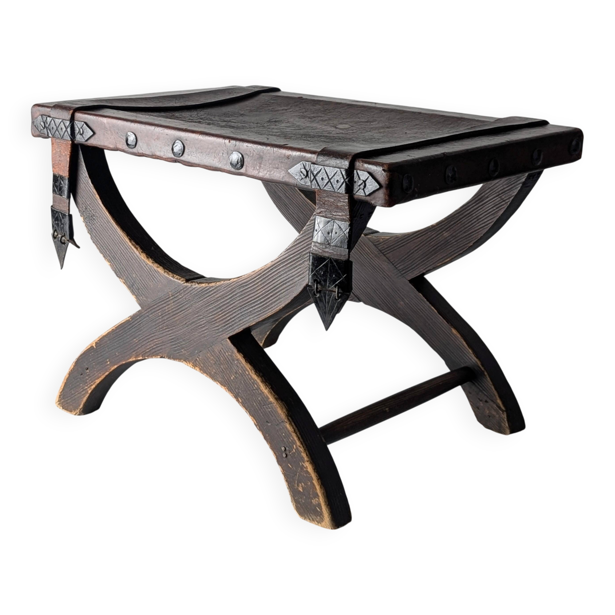 Colonial Curule Stool in Leather and Wrought Iron, Mexico, 1940s
