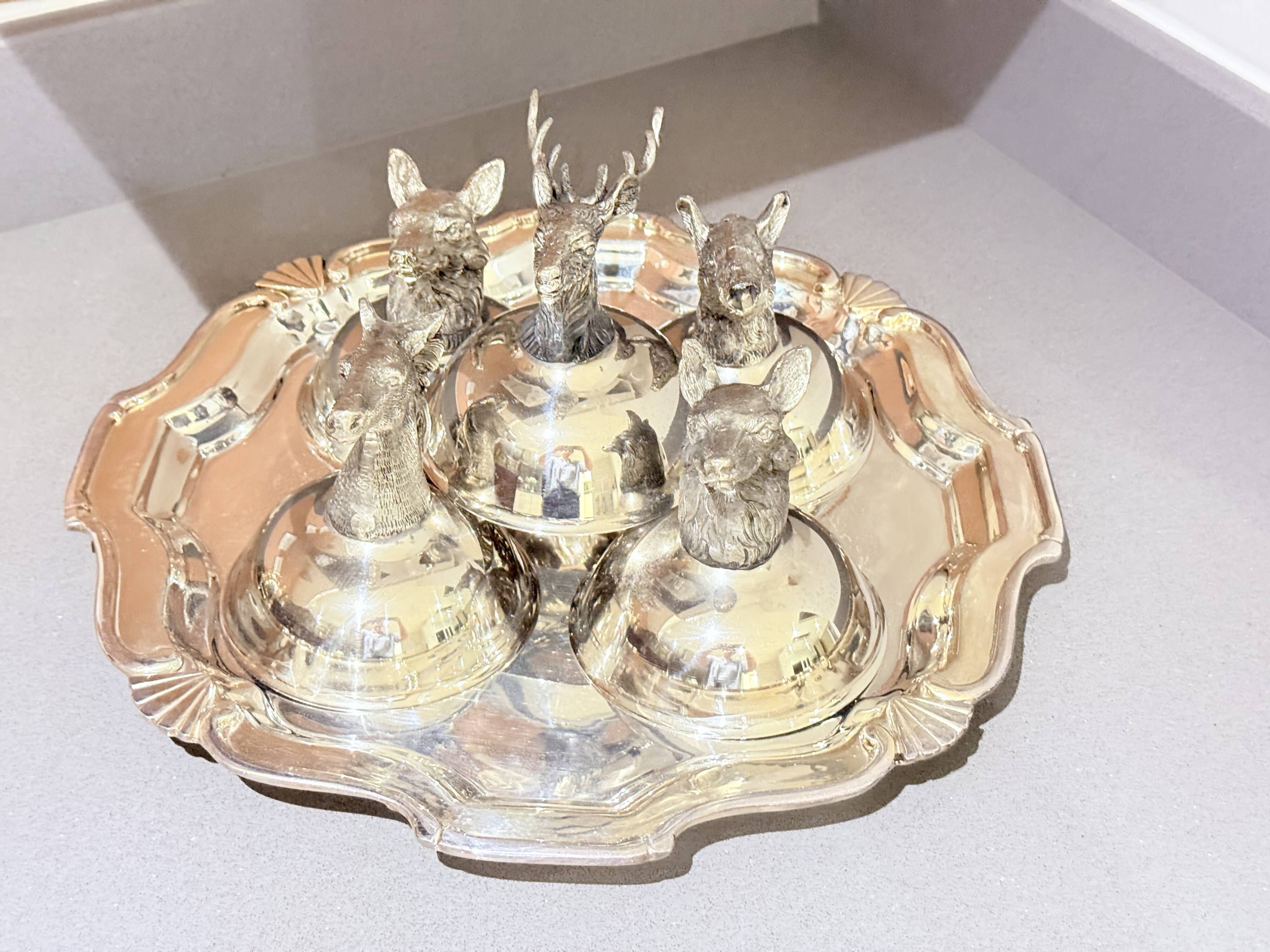 Italian Silver-Plated Animal Head Liqueur Cups with Matching Serving Tray Set 6