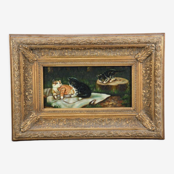 Painting oil on wood frame wood dore "kittens playing outdoors"