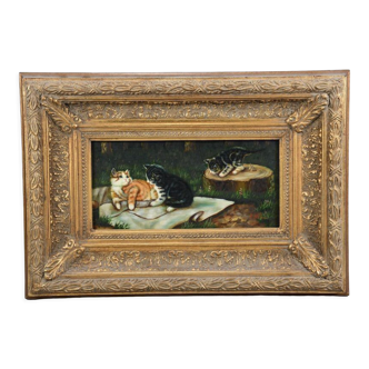 Painting oil on wood frame wood dore "kittens playing outdoors"