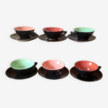 Set of 6 tea or coffee cups from the 50s, colored cups, black saucers