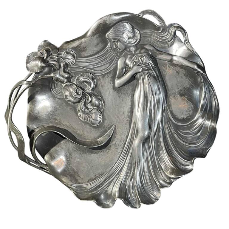 WMF "Woman with Irises" No. 290 Art Nouveau openwork tray, silver-plated metal, ca 1906