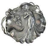 WMF "Woman with Irises" No. 290 Art Nouveau openwork tray, silver-plated metal, ca 1906