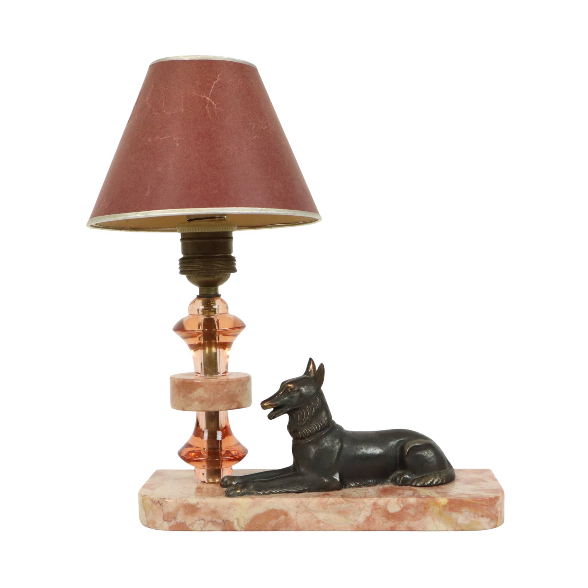 French Art Deco Table Lamp Pink Marble Glass Shepherd Dog