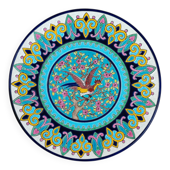 Rare sublime Longwy enamel dish with bird motif in multicolored ceramic Sai