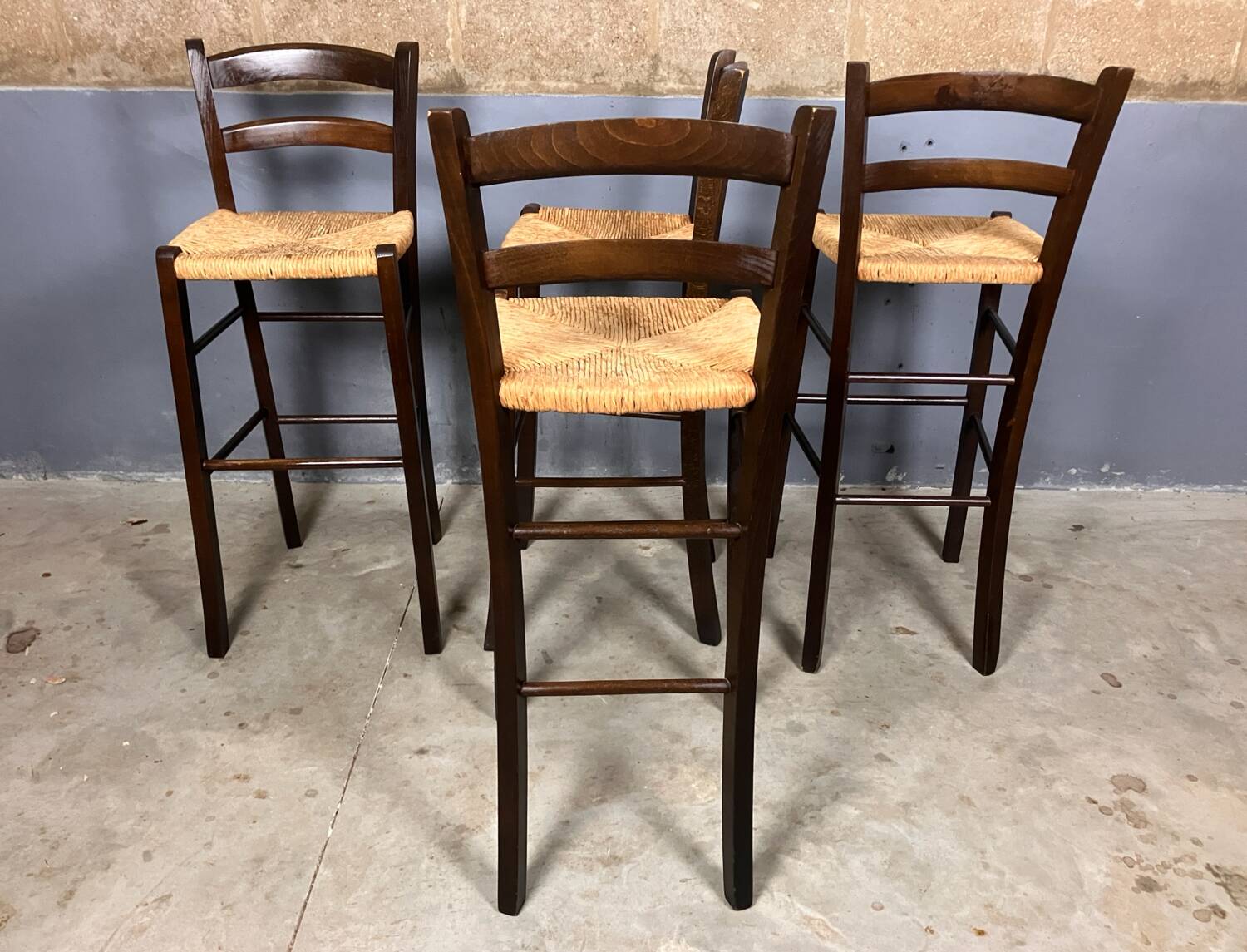Tabouret de bar 4x vintage jonc brocante