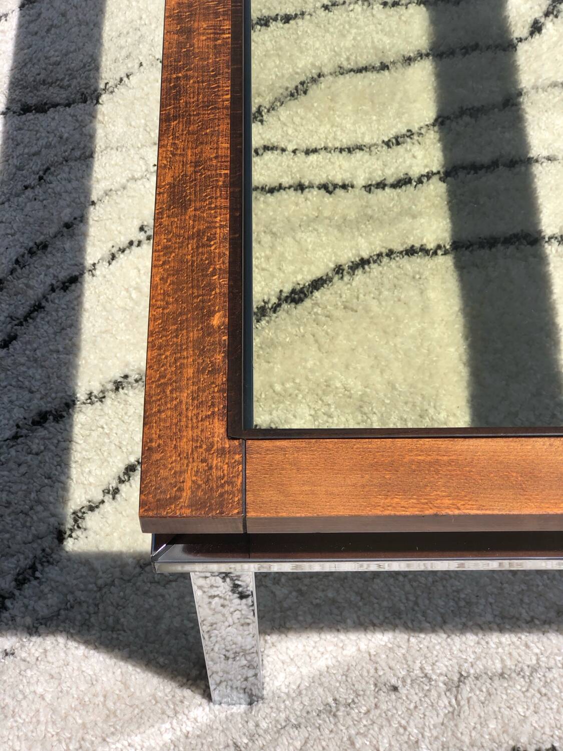 Vintage rectangular coffee table 1970 chrome, wood & smoked glass