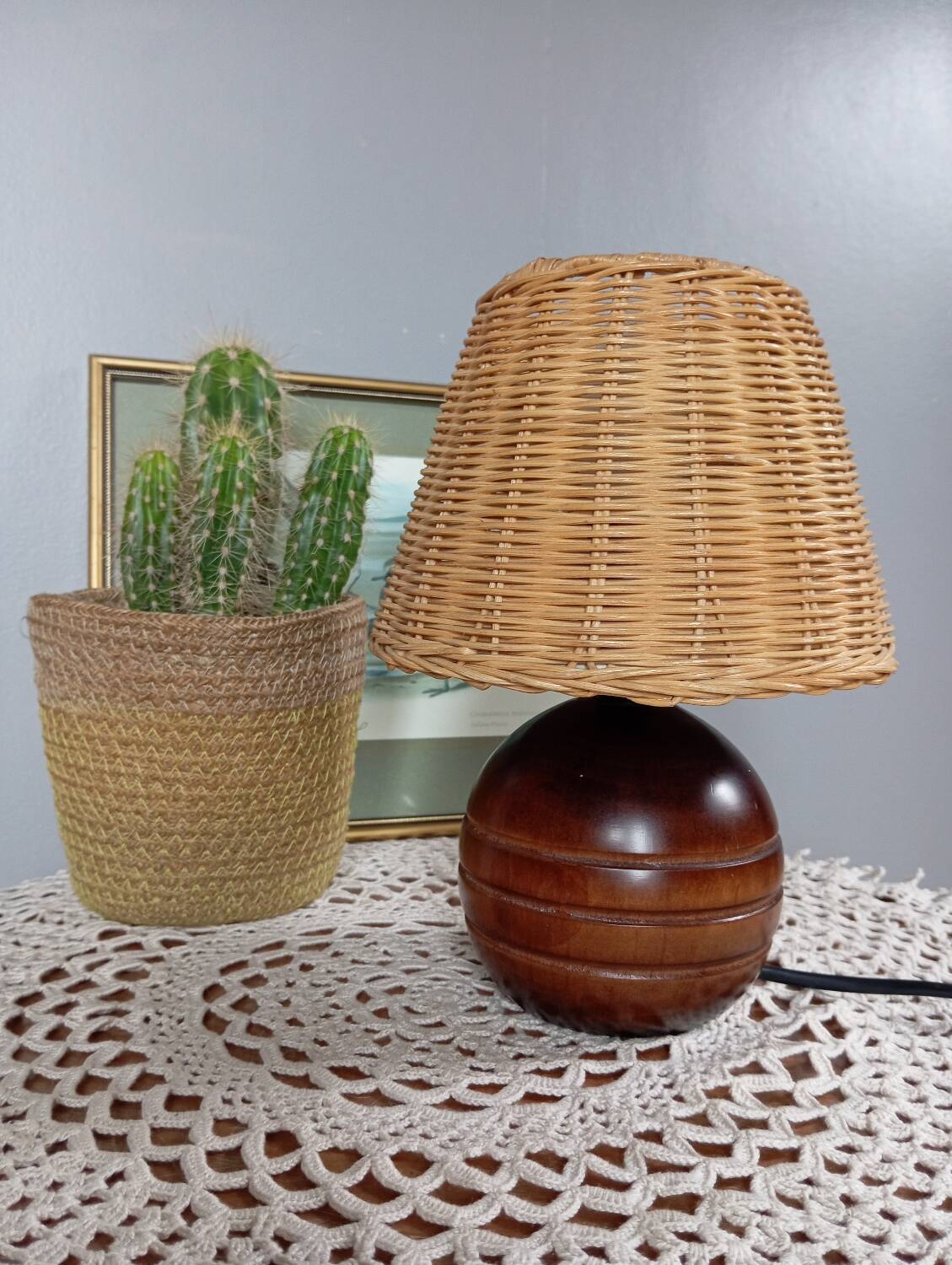 Vintage wooden and rattan table lamp