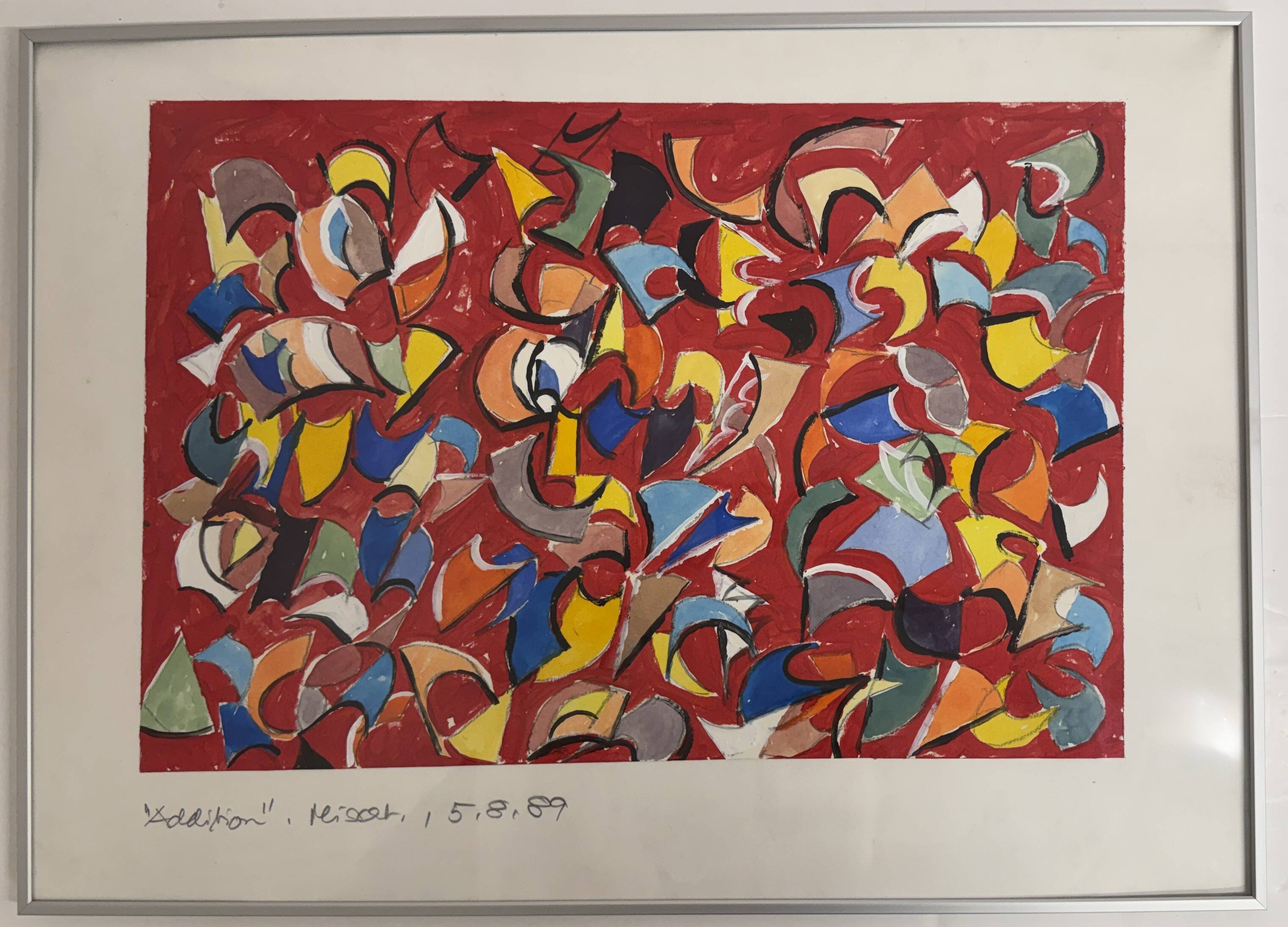 Helmut Dittmann – "Addition", Dynamic Abstract Painting on Red Ground, 1989