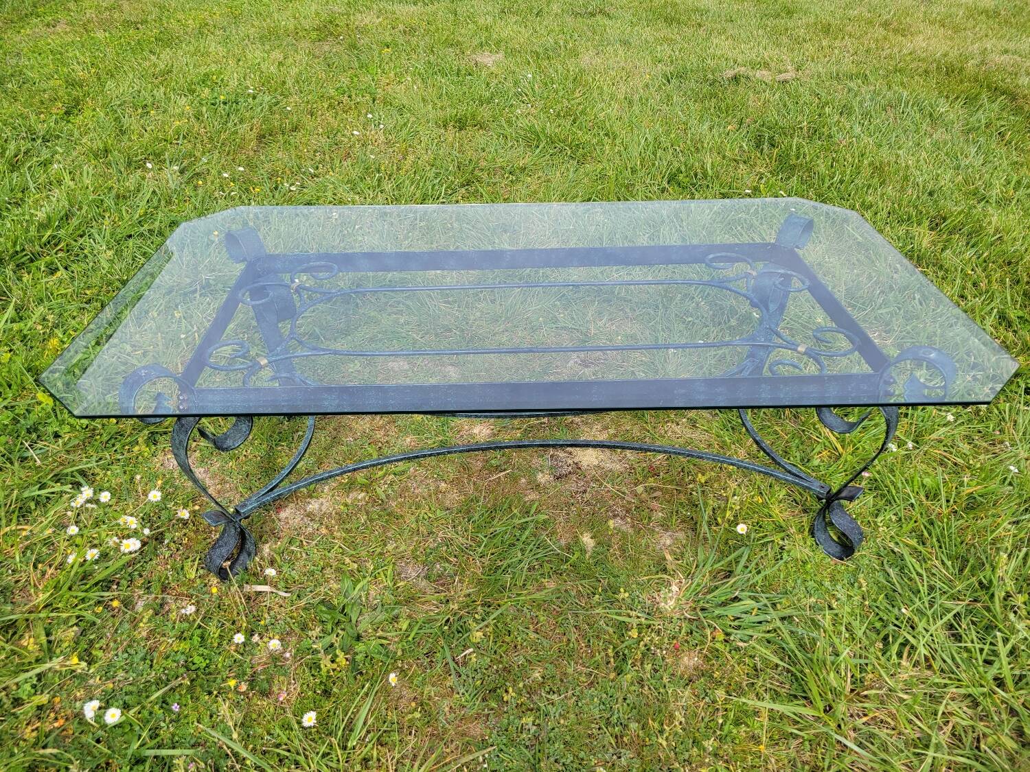 Italian glass and wrought iron coffee table