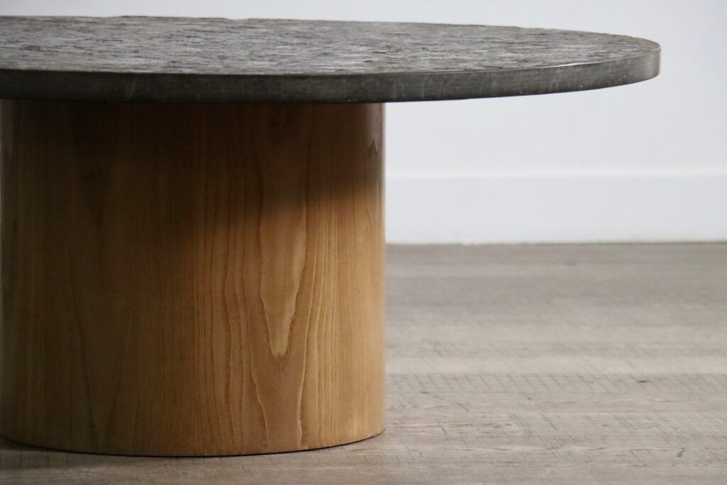 Peter Draenert studios coffee table in fossil stone and oak, Germany 1970s