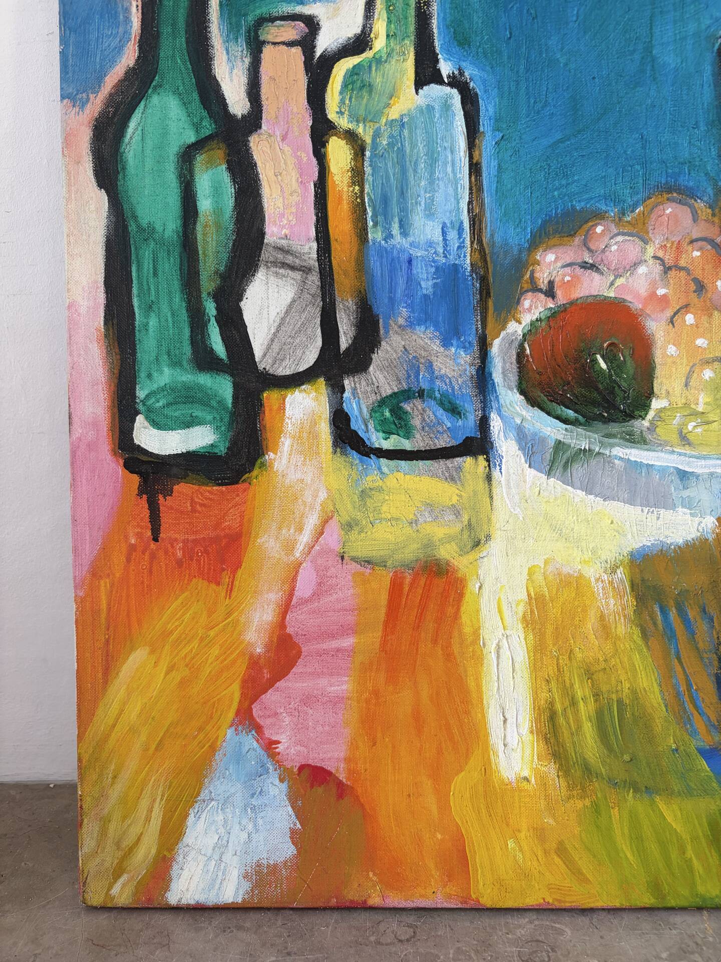 Still life with bottles, oil on canvas signed Miguel Anibal 1989