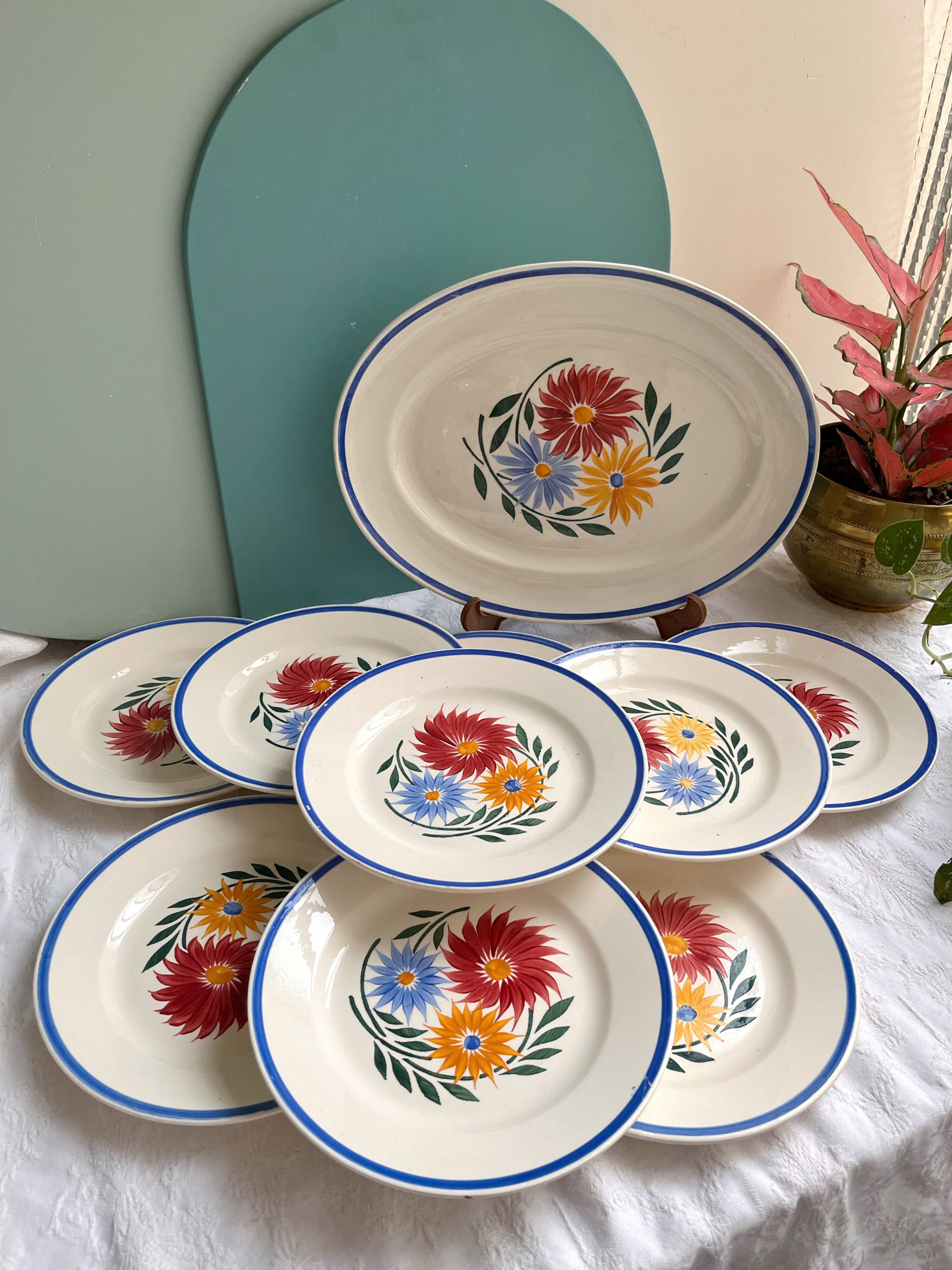 Vintage iron earthenware dessert service - floral model - Rustic HBC Choisy le Roi