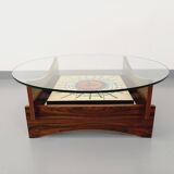 Vintage 60s-70s round coffee table with 2 shelves in glass and rosewood