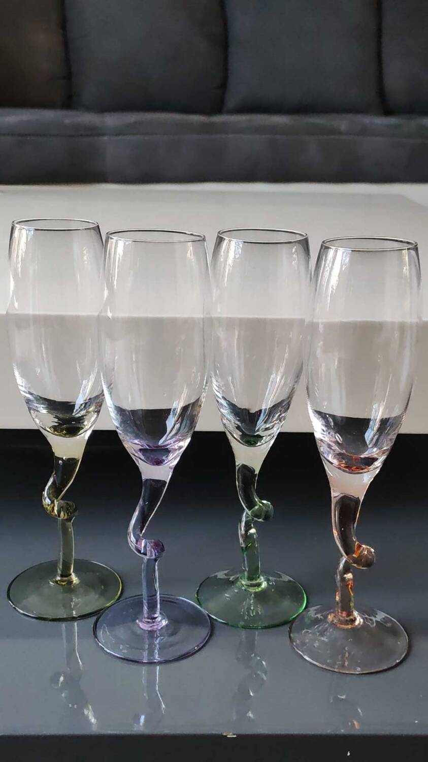 Lot 4 Large Champagne Flutes/Twisted design foot, colorful. High 22.5 cm