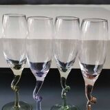 Lot 4 Large Champagne Flutes/Twisted design foot, colorful. High 22.5 cm