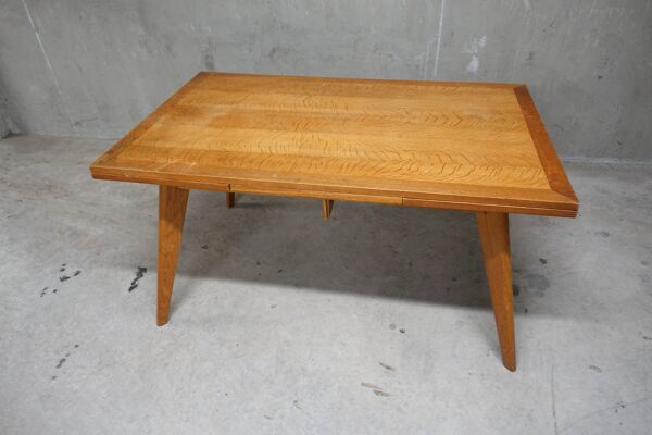 Table de salle à manger en chêne blond pieds compas 1950