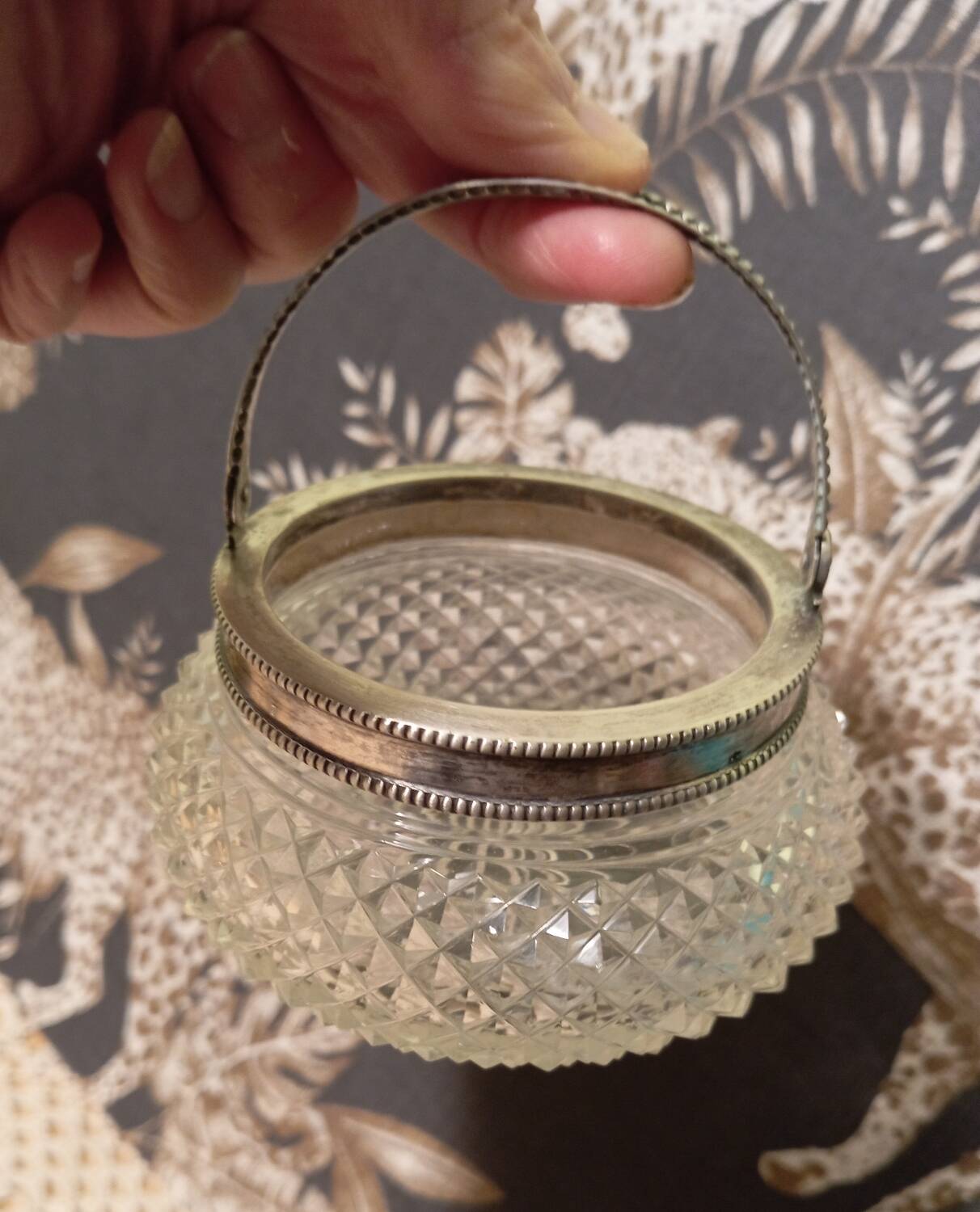Creamer and jam maker in diamond-point crystal and silver rim, circa 1930
