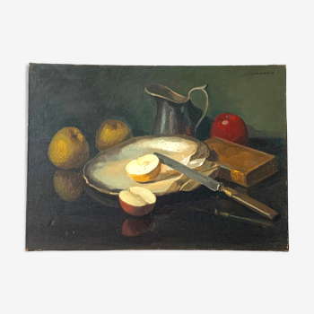 Peinture à l'huile, nature morte de F.J Martin, fin XIXe début XXe