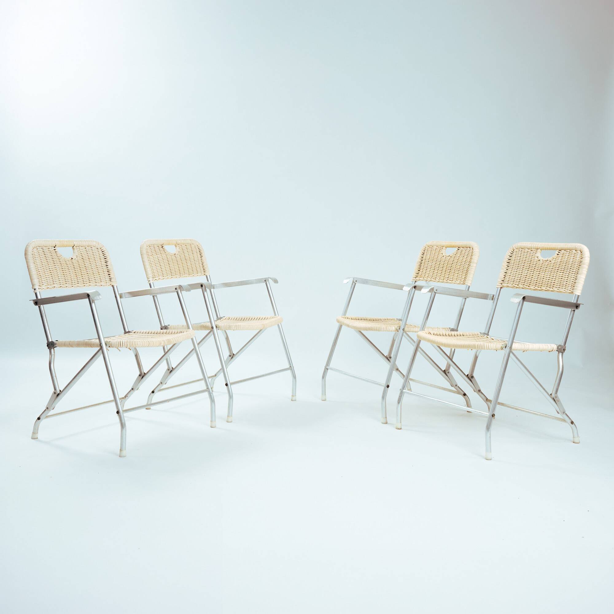 4 chaises de jardin pliantes en osier Tossa de style mid-century par Hilbrant, Italie, années 1960.