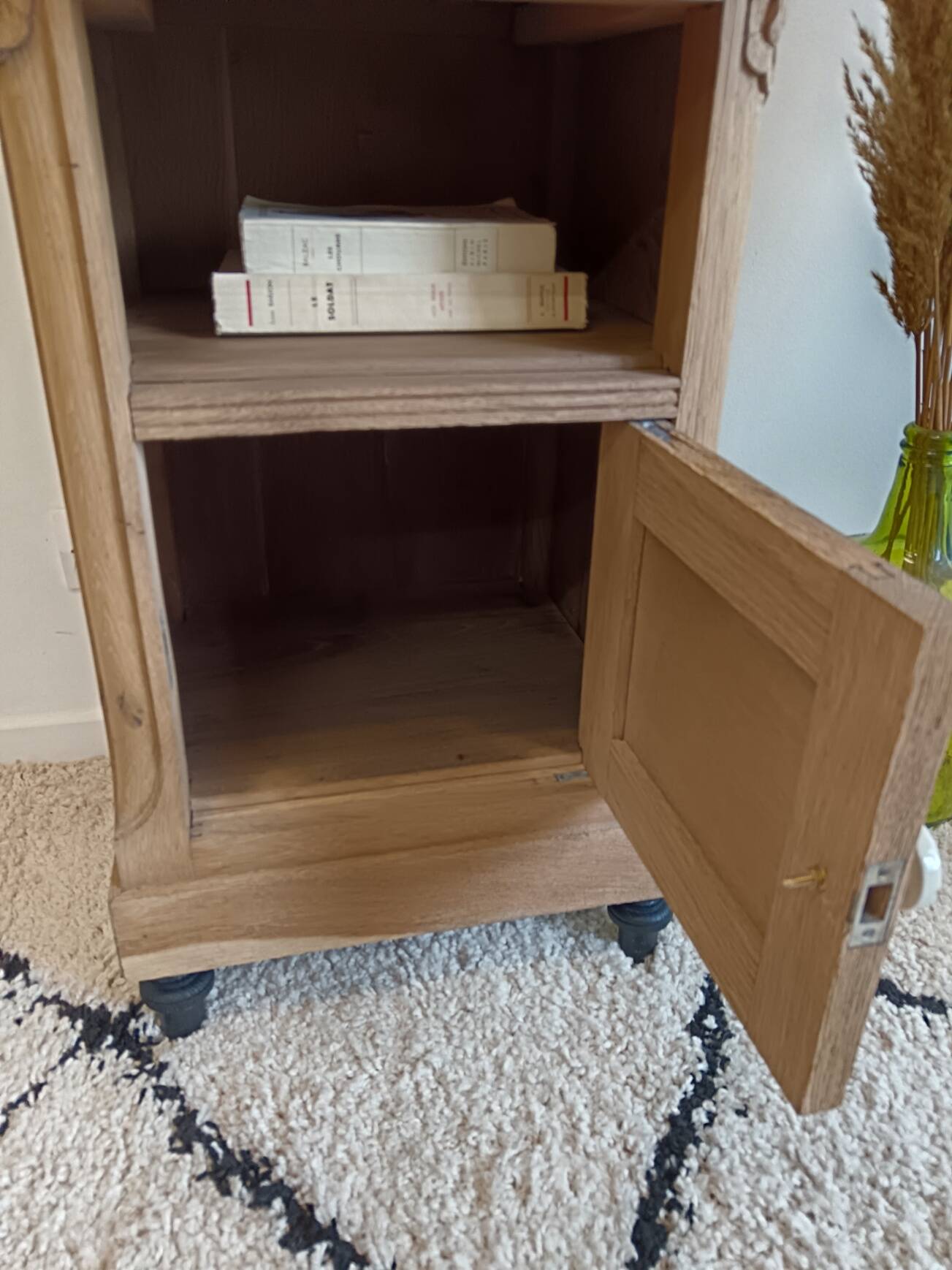 Bedside table in solid black oak and natural Art Deco wood