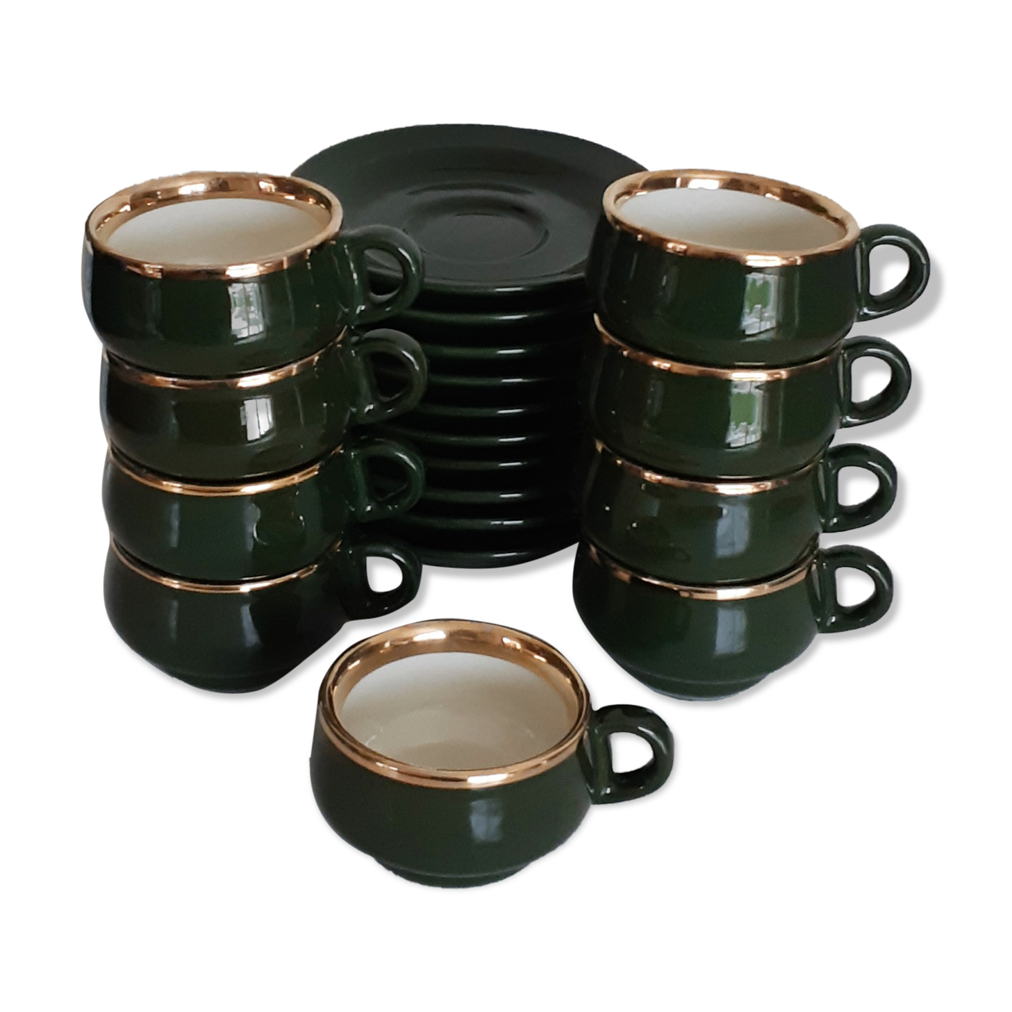 Tasses et sous tasses à café de bistrot vertes  "Helvetia"  , en porcelaine