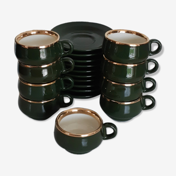 Tasses et sous tasses à café de bistrot vertes "Helvetia" , en porcelaine