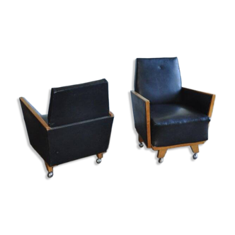 Pair of black Mid-Century armchairs in faux leather - 1960s, Hungarian armchairs (set of 2)