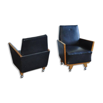 Paire de fauteuils noirs de style Mid-Century en simili cuir - années 1960, fauteuils hongrois (ensemble de 2)