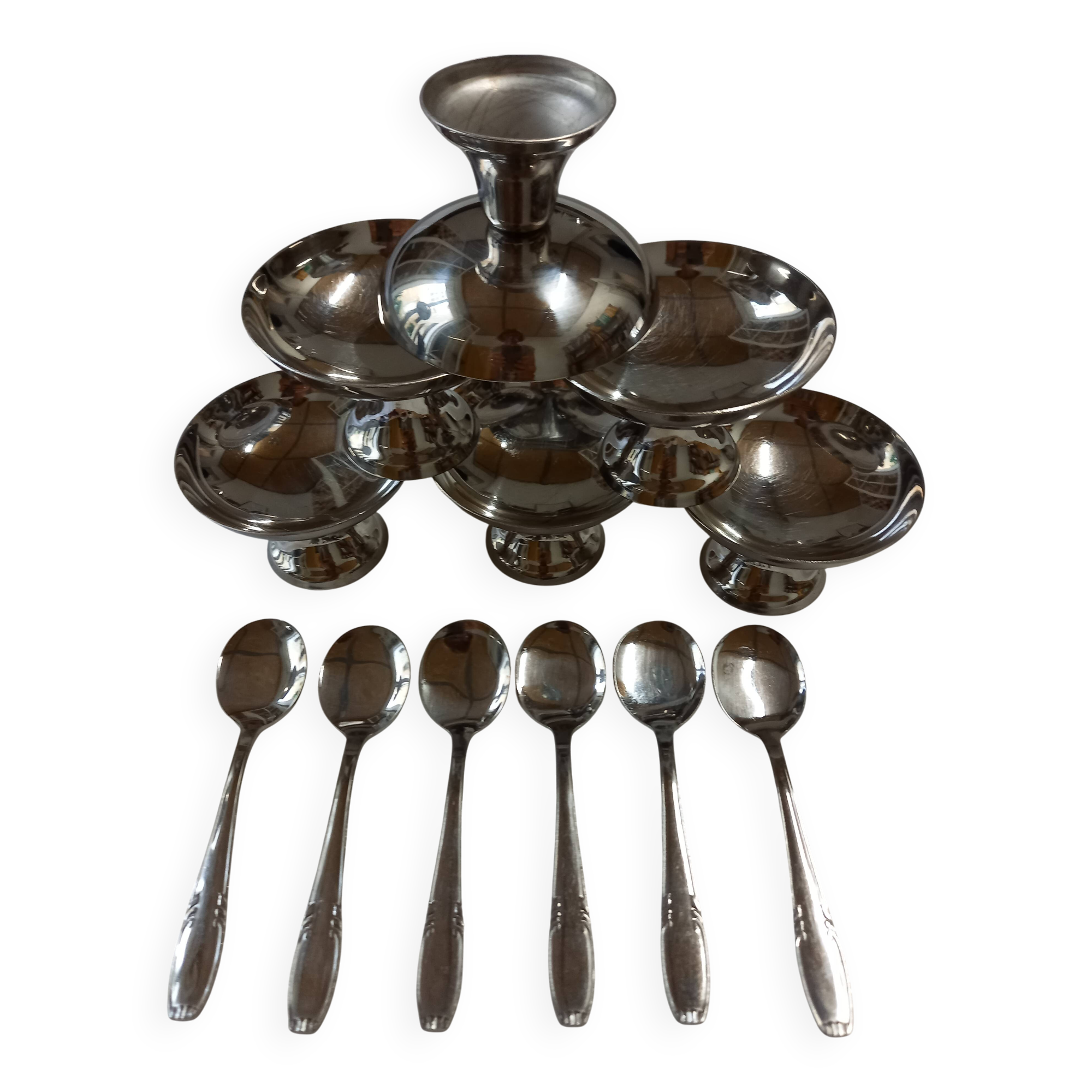 Set of 6 Guy Degrenne stainless steel ice cream cups with 6 ice cream spoons