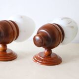 Pair of beech and opaline wall lamps, vintage