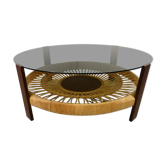 Table basse ronde avec verre fumé et rotin, années 1960