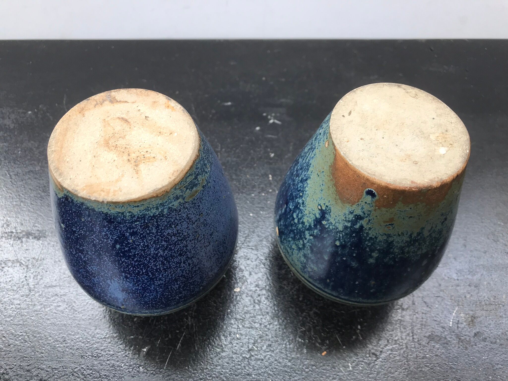 Pair of old vintage blue enamelled stoneware vases