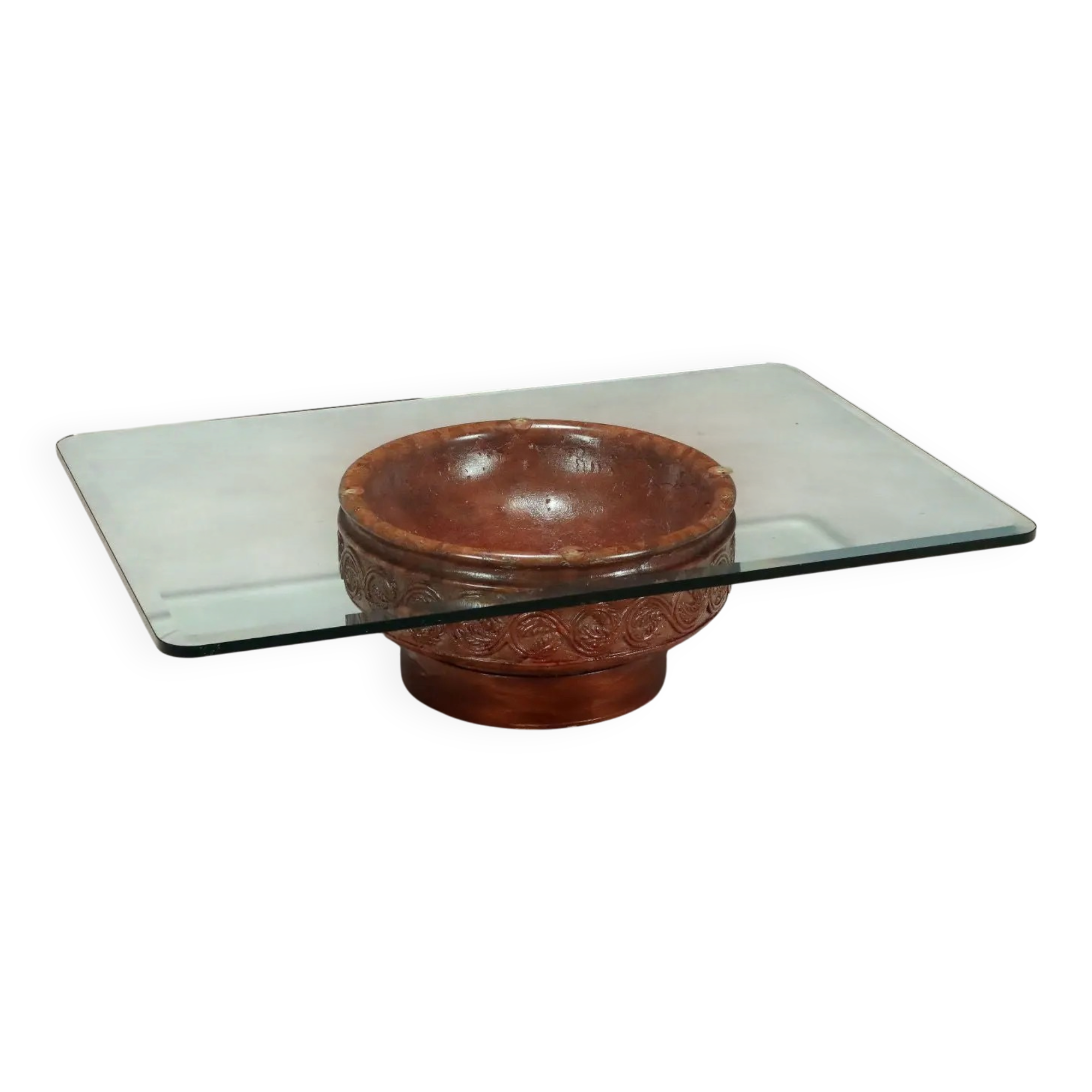 Vintage coffee table with a glass top and a terracotta base, 20th century.