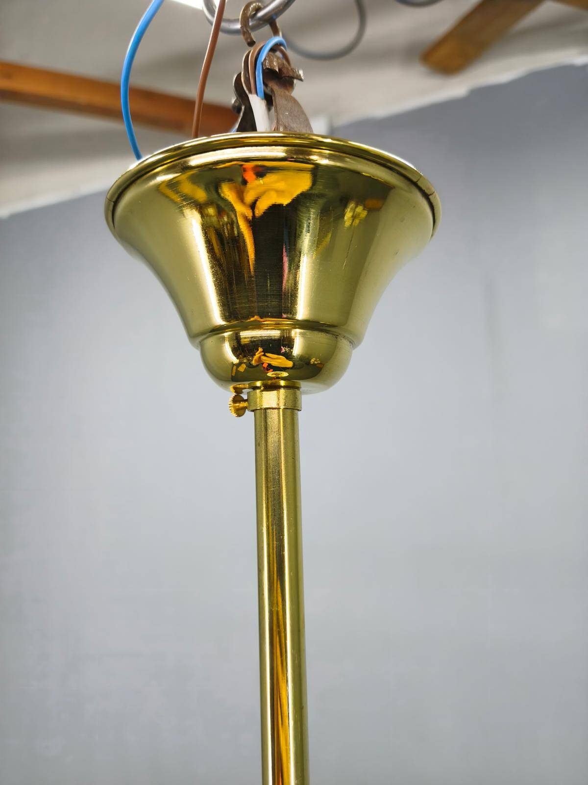 Art Deco Brass Pendant with Geometric Opaline Glass, Czechoslovakia 1930s