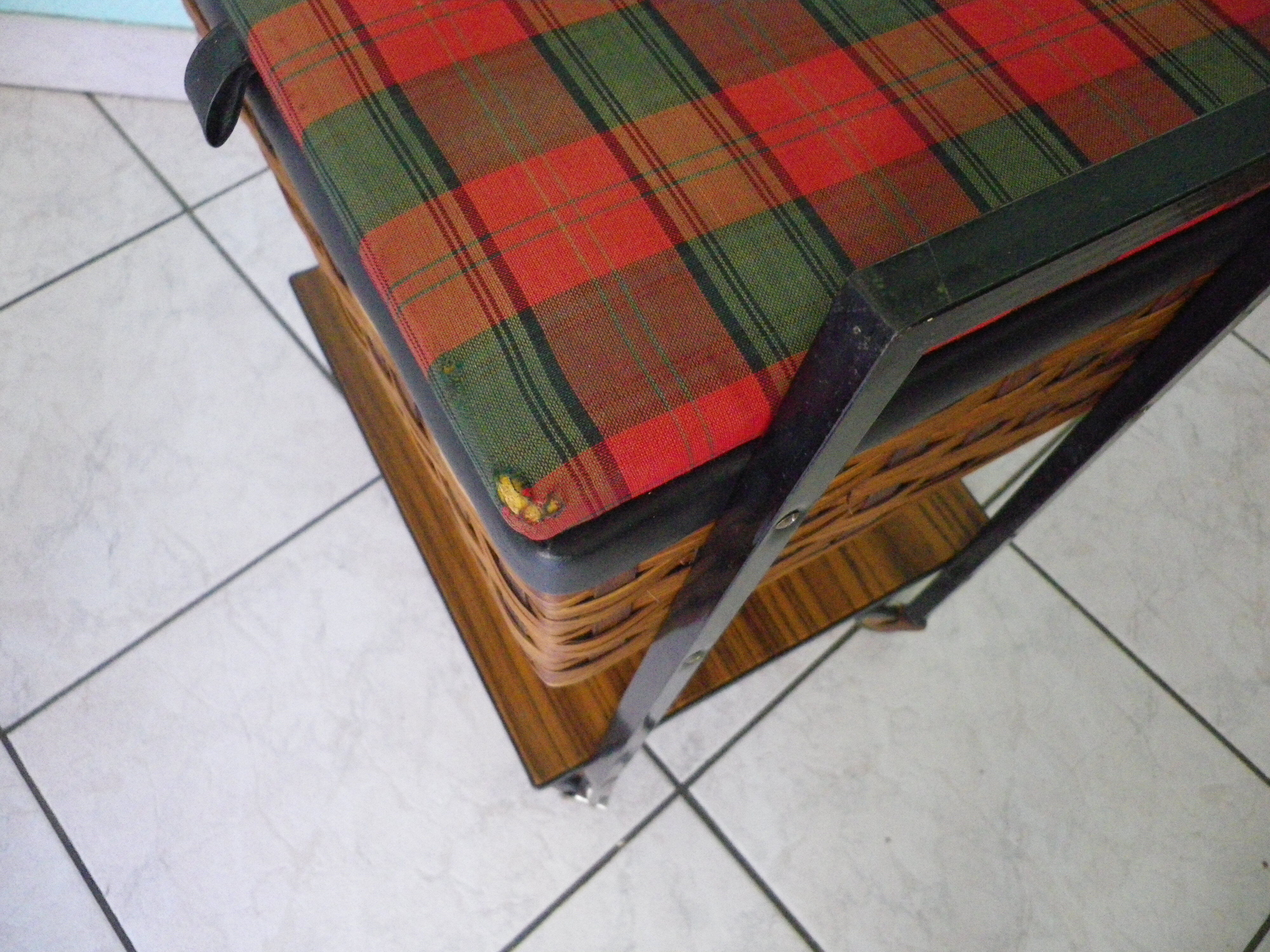 Vintage worker on wheels, rattan, fabric, skaÏ, metal with formica shelf